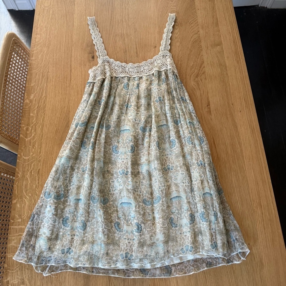 Maeve Beige and Blue Paisley Crochet Mini Dress